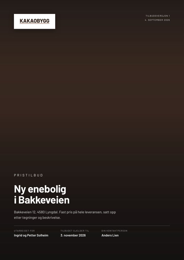 Forsiden i et pristilbud p&aring; en ny enebolig, med prosjektnavn, kunde og kontaktperson.
