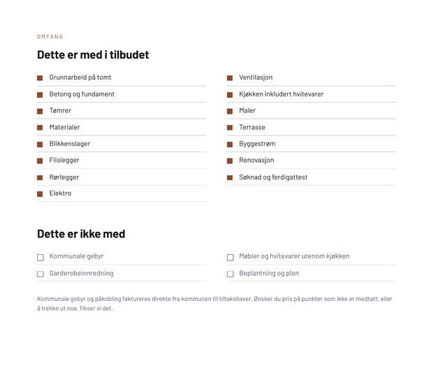 Side fra tilbudet med to lister ved siden av hverandre: dette er med i tilbudet, og dette er ikke med.