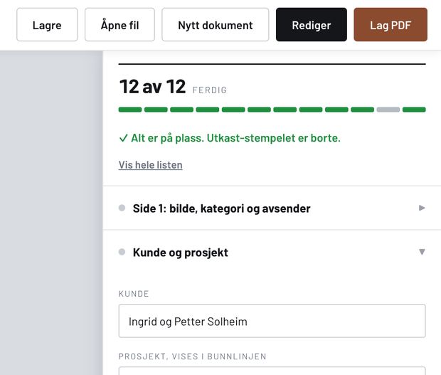 Utfyllingspanelet i nettleseren med fremdriftsindikator og felt for kunde, prosjekt og byggeadresse.