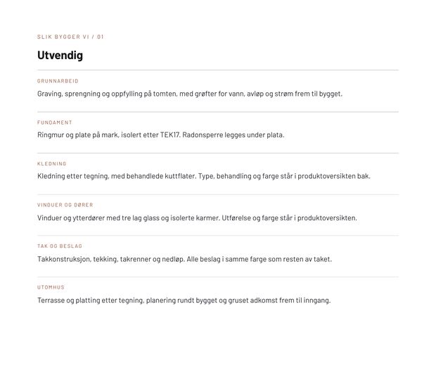 Side fra tilbudet med korte beskrivelser av grunnarbeid, fundament, kledning, vinduer, tak og utomhus.